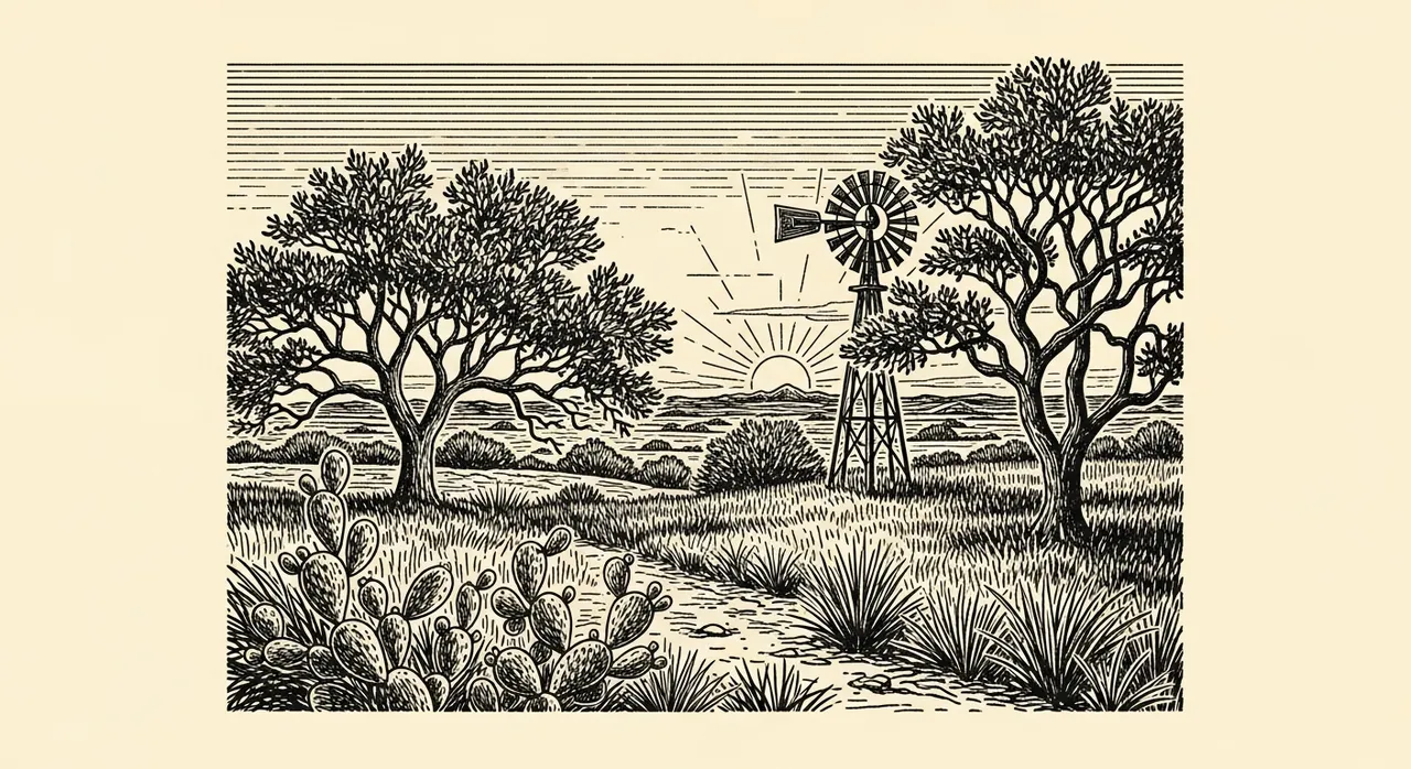 Rural landscape with trees, a windmill, cactus, and the sun setting in the distance.