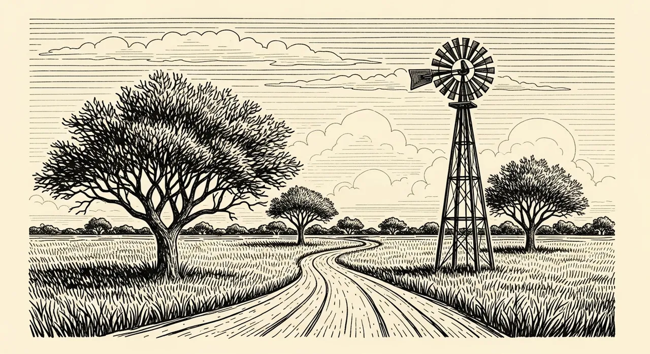 Rural landscape with winding road, trees, windmill, and cloudy sky.