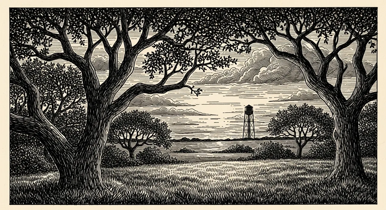 Landscape with trees, grassy field, water tower, and layered clouds.