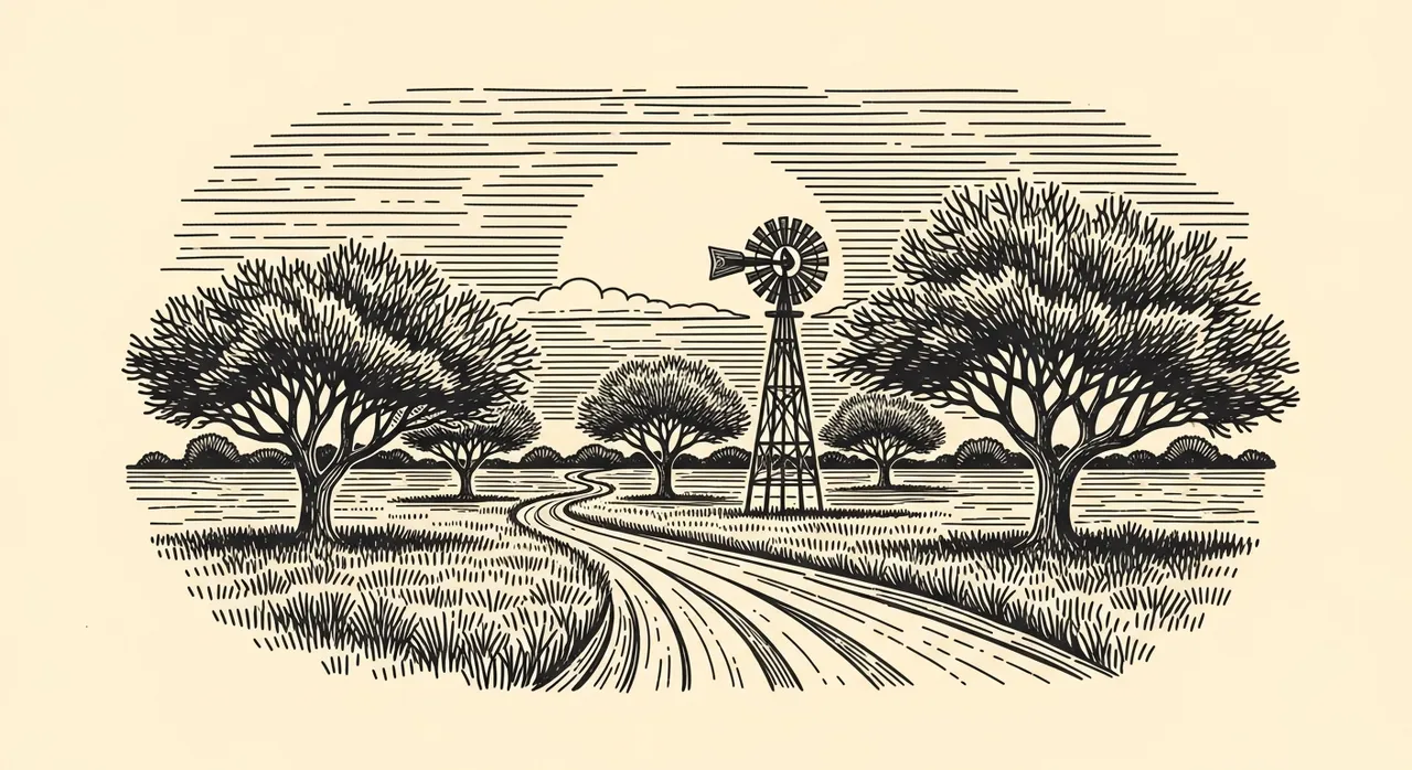 Windmill and trees beside a winding path under a large rising or setting sun.