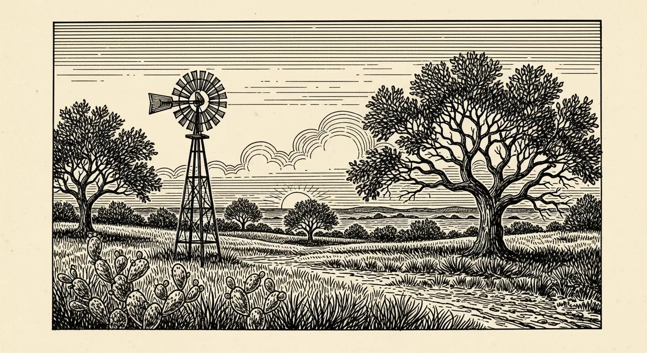 Rural landscape with a windmill, trees, and a setting sun.