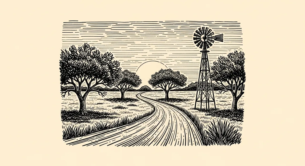 A rural landscape with trees, road, sun, and windmill.