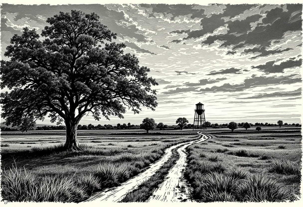 Rural landscape with a large tree, dirt road, and distant water tower under cloudy sky.
