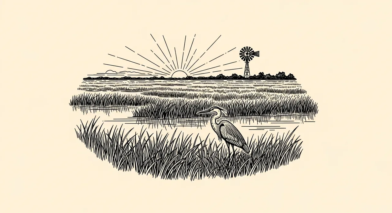Heron in the foreground, sun rising over marshland with windmill in the background.