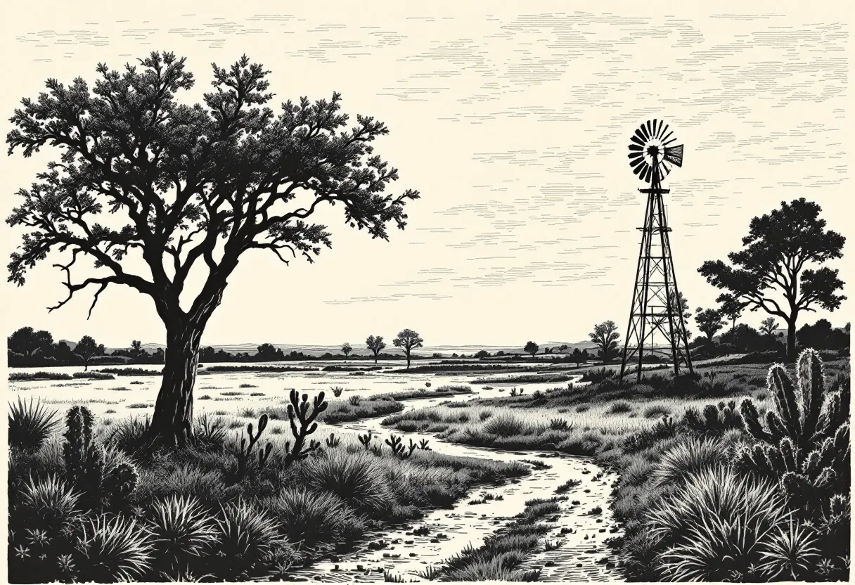 Black and white landscape with trees, a windmill, and a winding path.