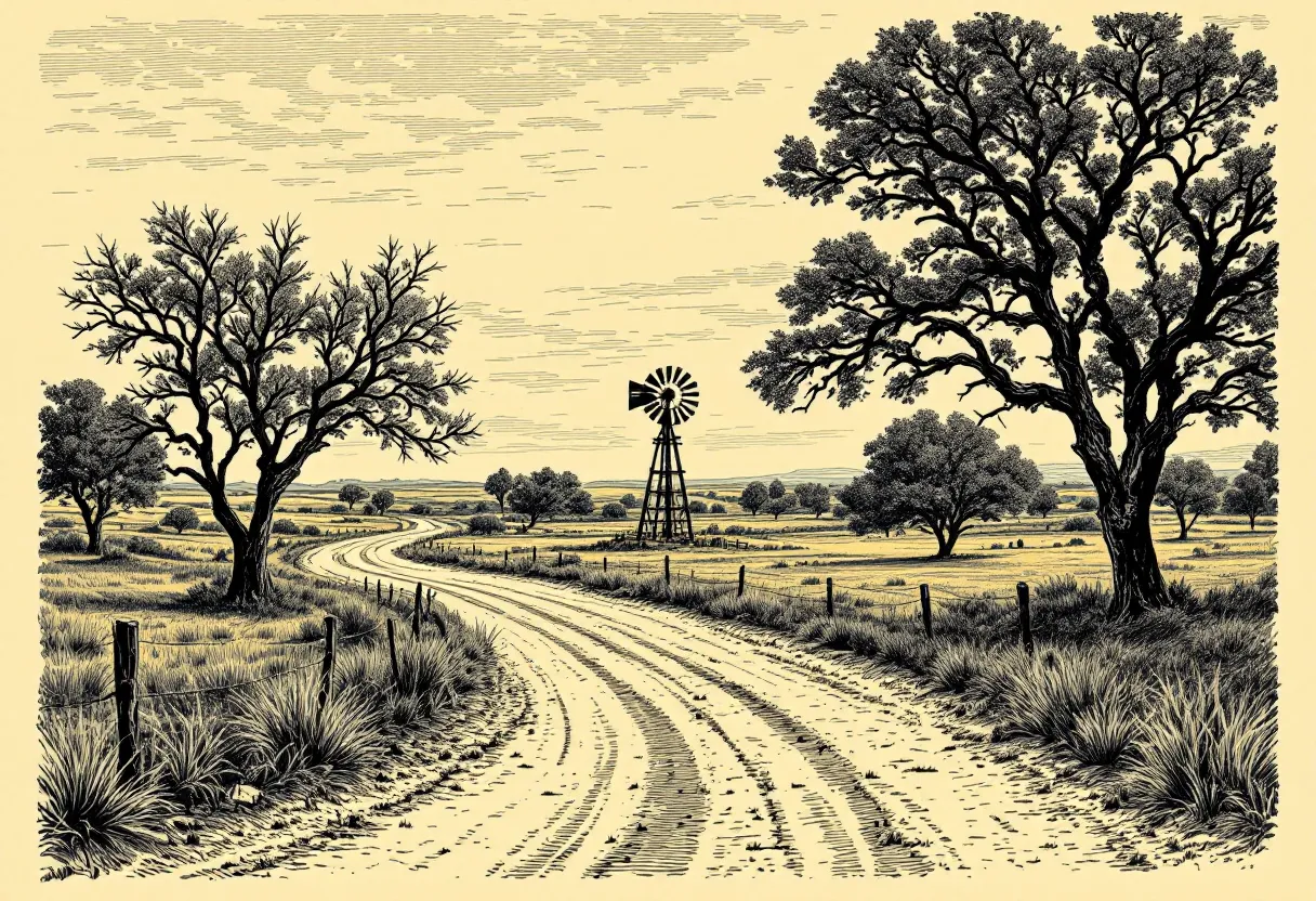 Winding dirt road with trees and windmill in rural landscape.
