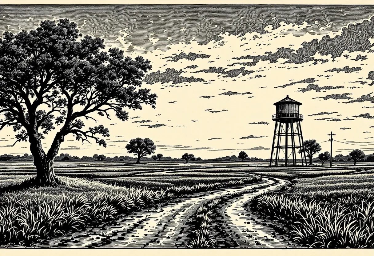 Rural landscape with a tree, winding road, and water tower under cloudy sky.