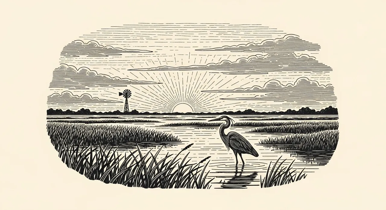 Heron standing in a serene wetland with the sun rising and clouds overhead.