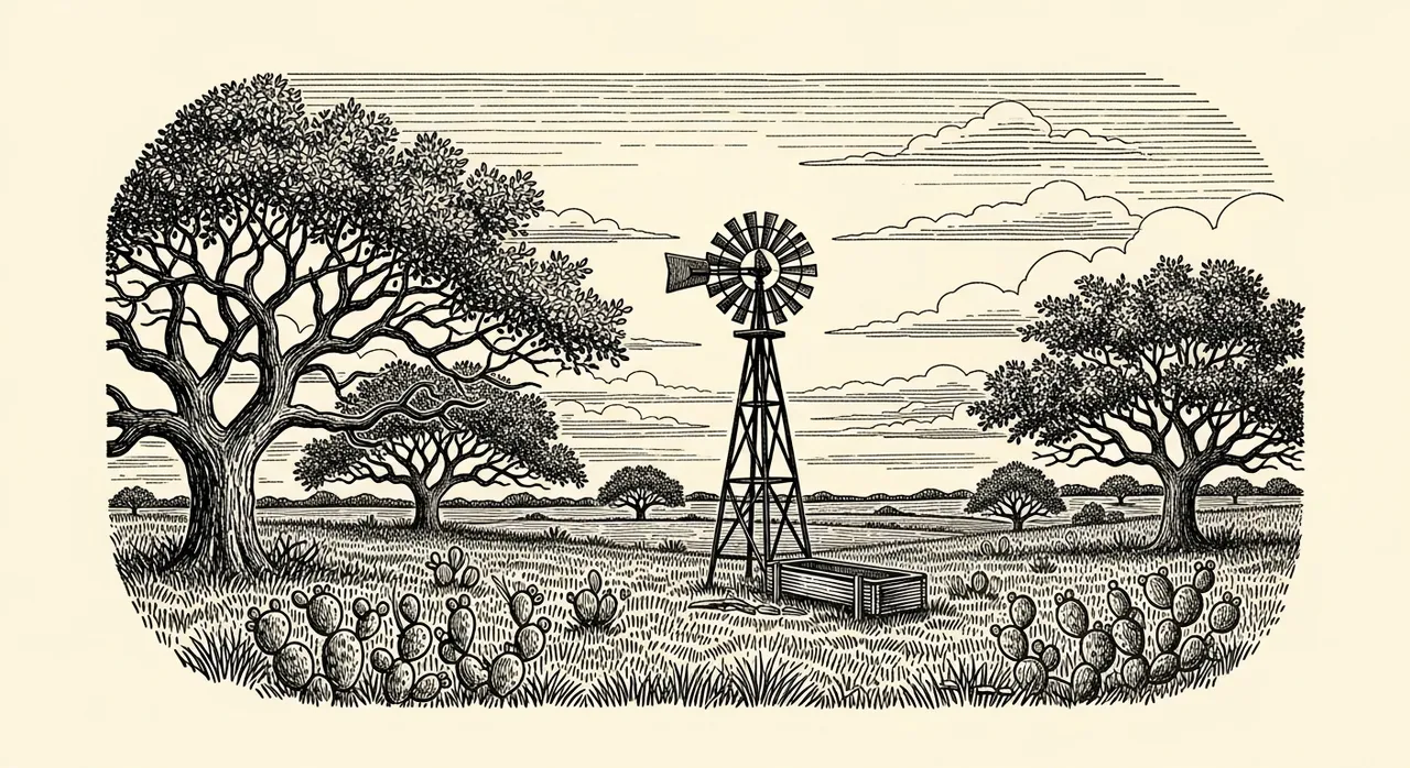 Black and white rural landscape with trees, windmill, clouds, and cacti.