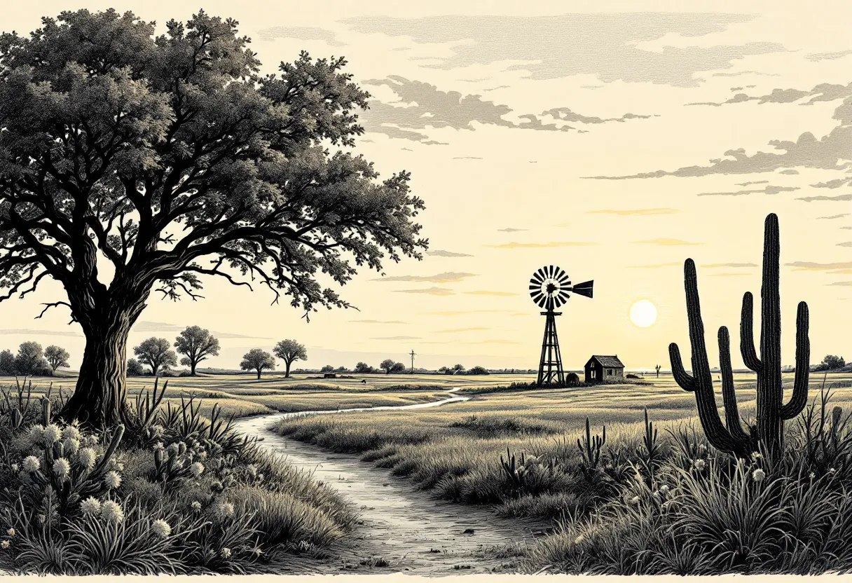 Rural landscape with a large tree, windmill, cacti, and setting sun.