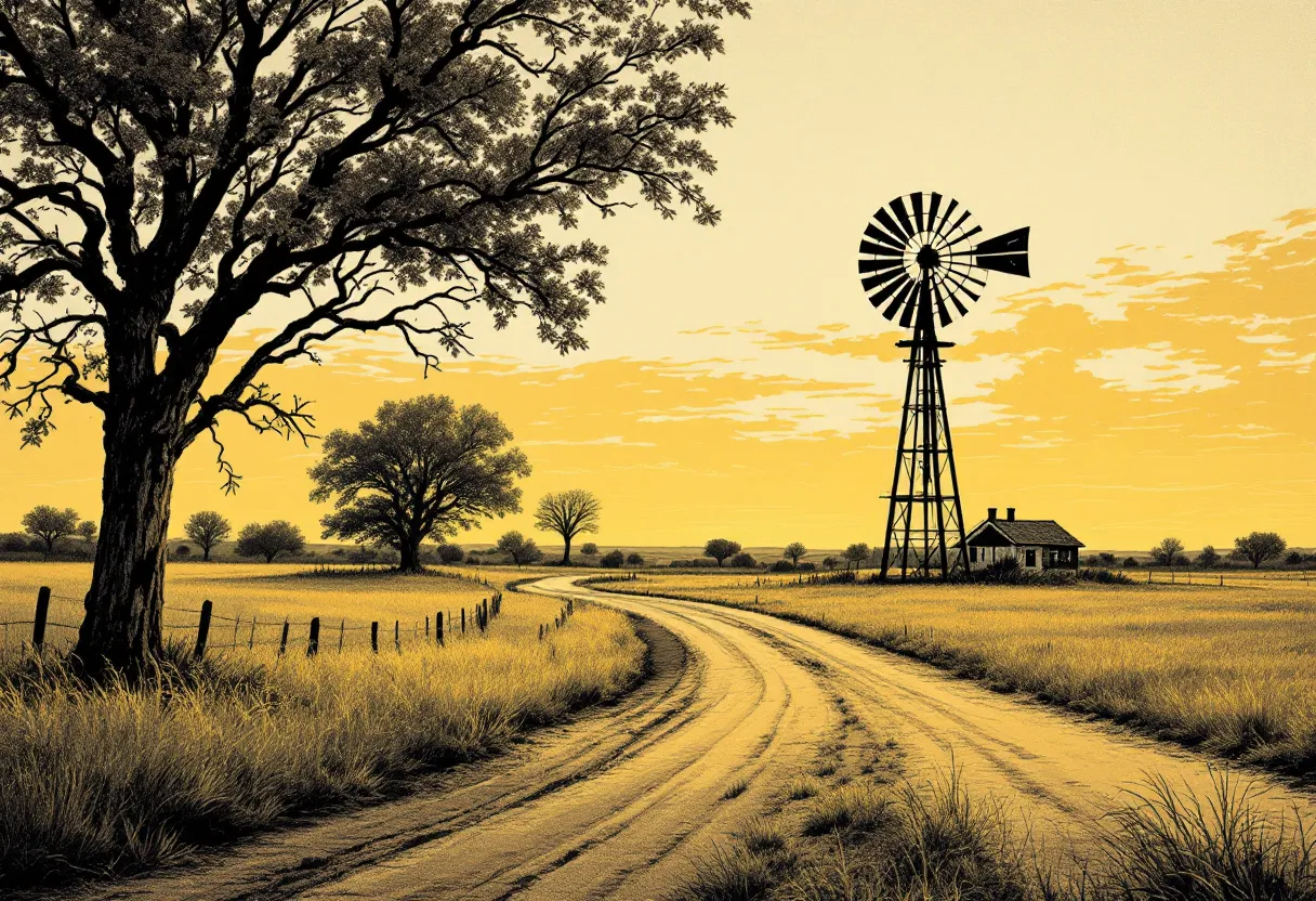 Rural landscape with a winding road, windmill, and house under a yellow sky.