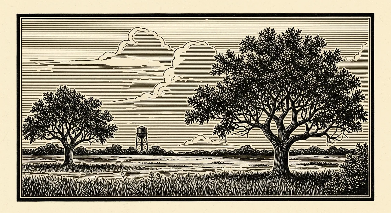 Two trees with a water tower in a field under a cloudy sky.