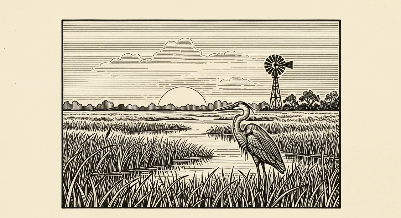 Heron standing in marsh grass at sunset near windmill.