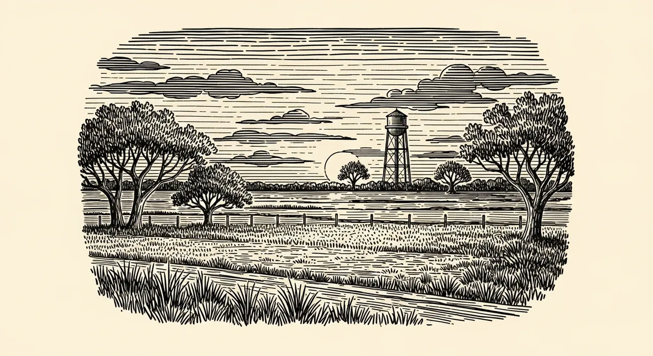 Rural landscape with trees, a water tower, and a setting sun in the background.