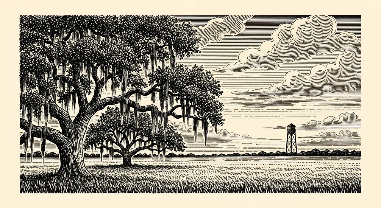 Tree with hanging moss in a grassy field near a water tower under a cloudy sky.