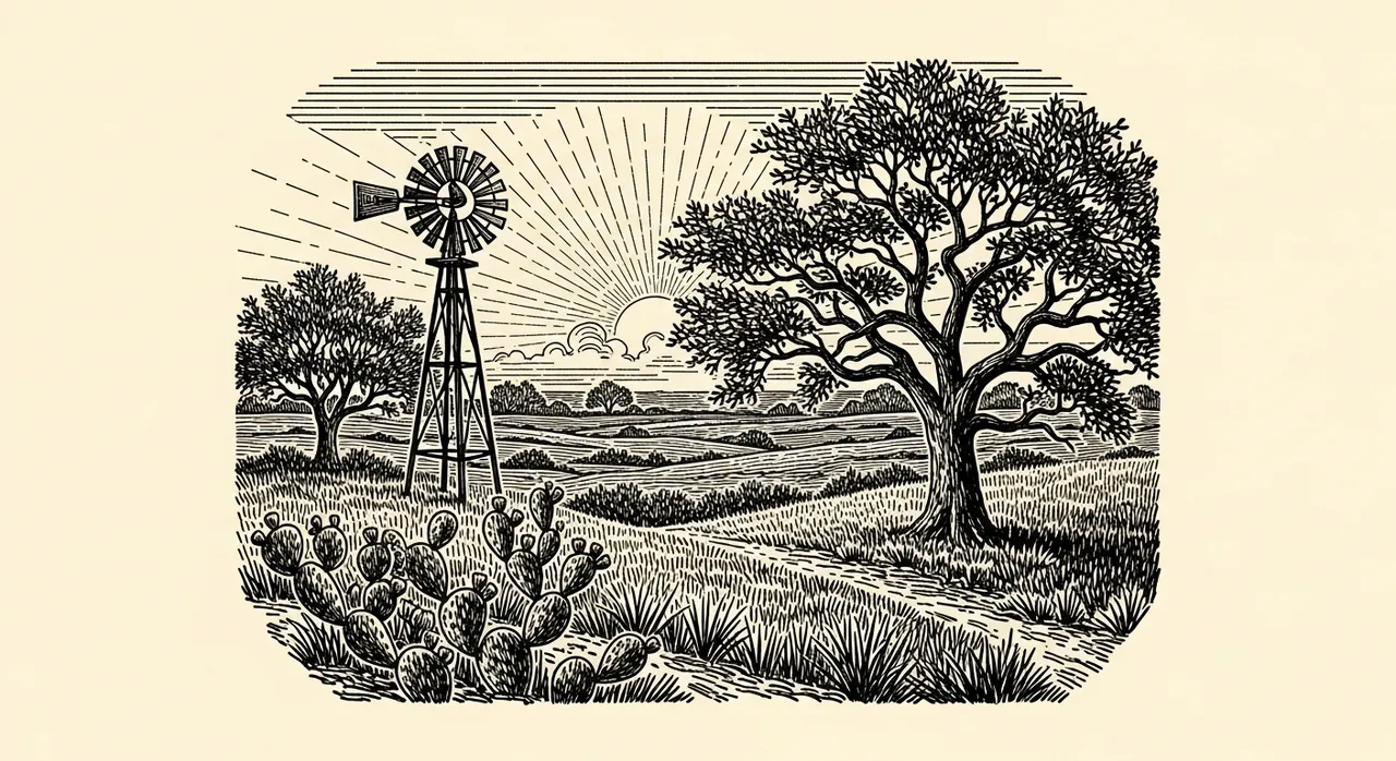 Scenic countryside with windmill, trees, cactus, and sun rays.