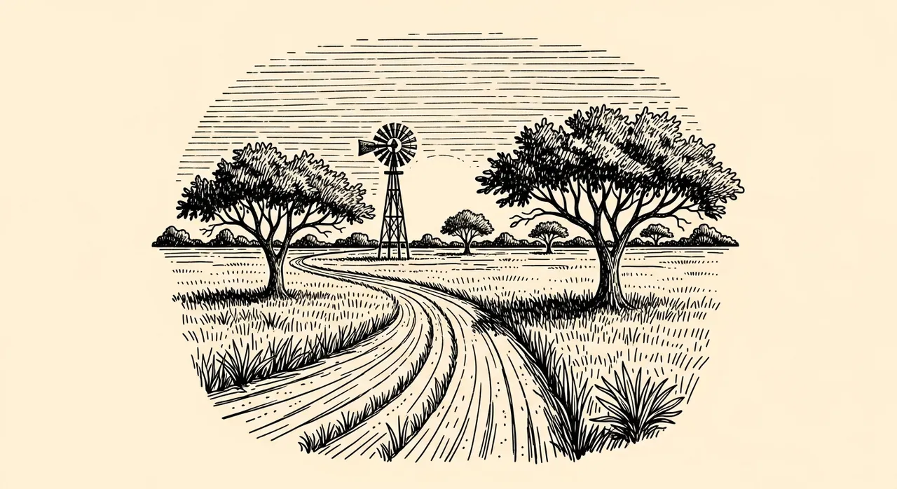 Rural landscape with trees, winding path, and windmill in black-and-white illustration.