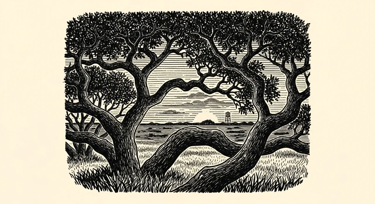 Trees with twisted branches framing a tower near a sunset horizon.