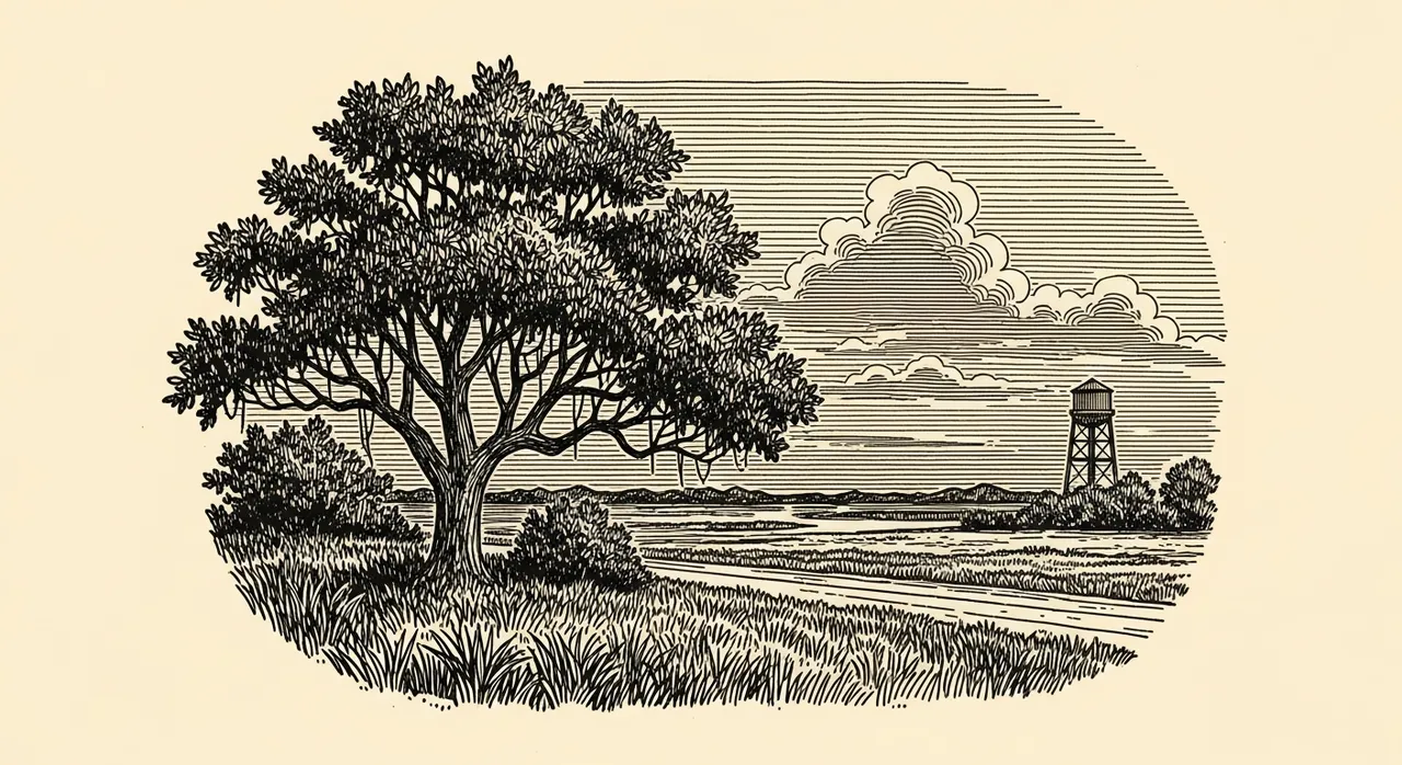 A tree and water tower in a rural landscape with clouds.