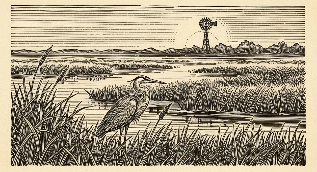 Heron standing in marshland near water, windmill and trees in background.