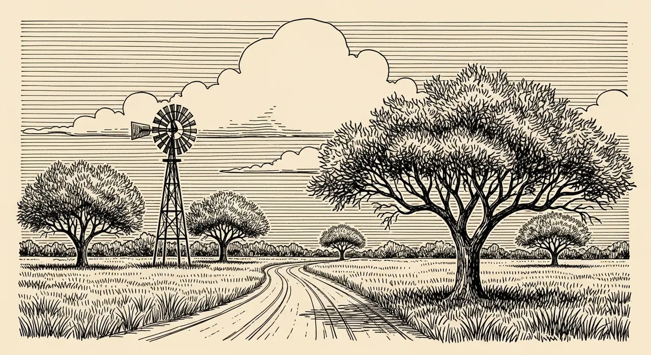 A winding dirt path through a field with trees, a windmill, and a cloudy sky.