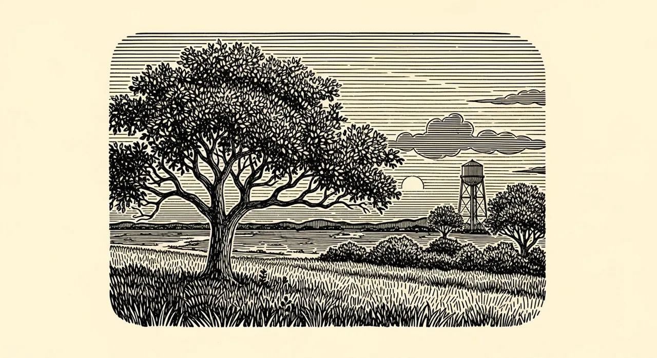 A rural landscape with a large tree, water tower, and setting sun.