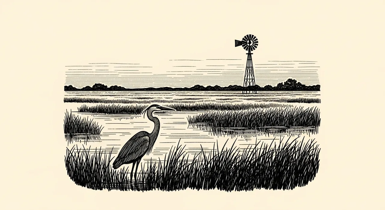 Heron standing in marshy wetlands with distant windmill and trees.