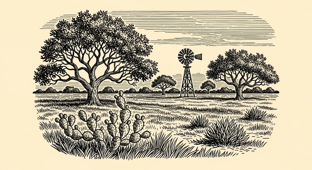 Landscape with trees, cacti, and a windmill under a line-textured sky.