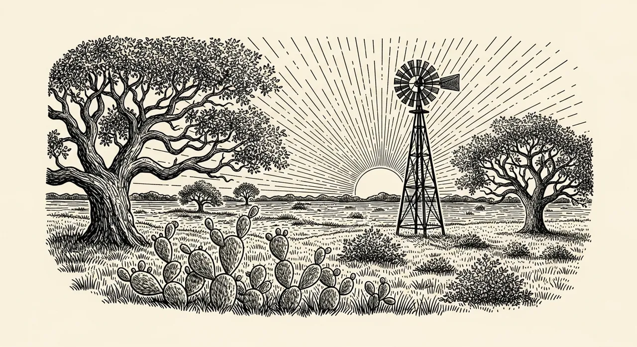 Sun setting behind windmill in rural field with trees and cacti.