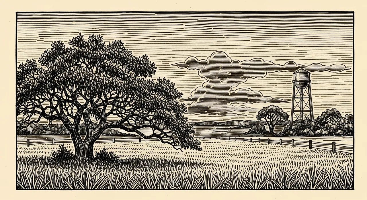 Large tree and water tower amidst fields under a cloudy sky.