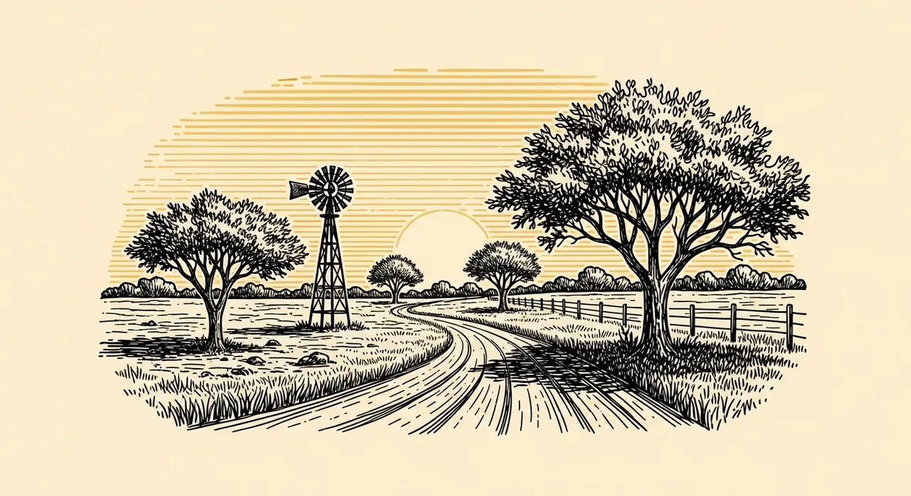 Rural landscape with trees, windmill, winding road, and setting sun.