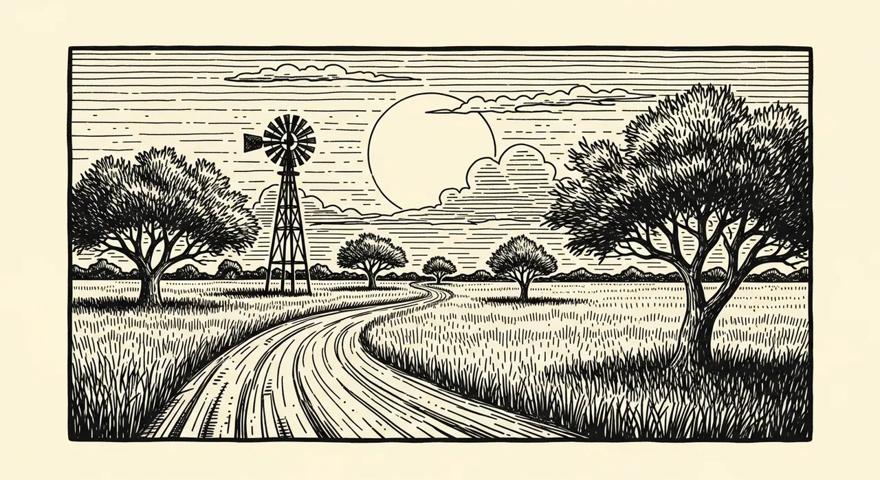 Windmill and winding road in a landscape with trees and clouds.