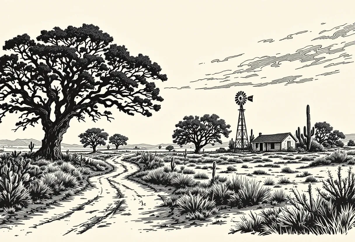 Rural landscape with a large tree, house, windmill, and cacti in black and white.