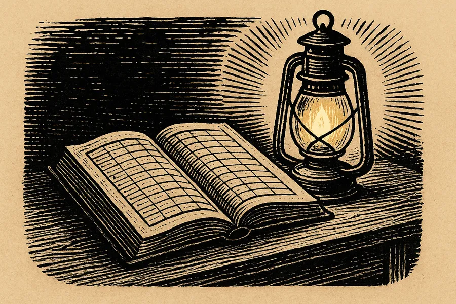 Open book and lit lantern on a wooden surface, with shading lines.
