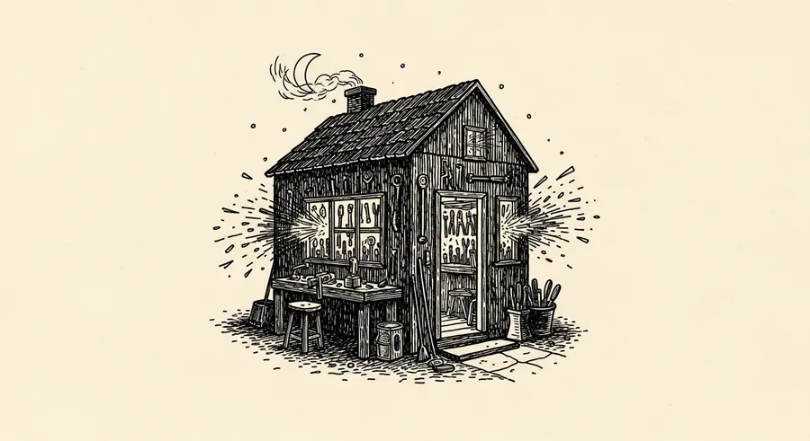 Wooden tool shed with illuminated windows and surrounding tools under a crescent moon.
