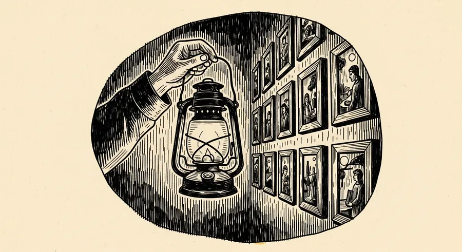 Hand holding lantern illuminates framed portraits on the wall.