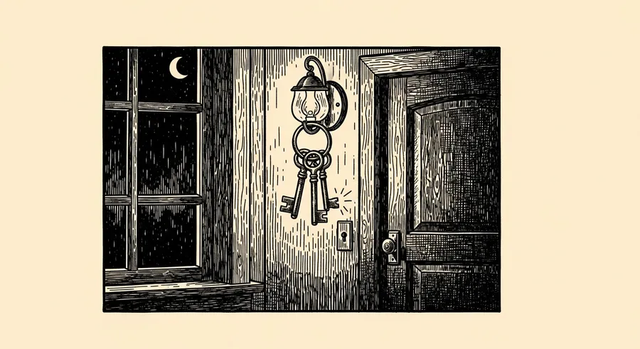 A moonlit scene with keys hanging by an open door.
