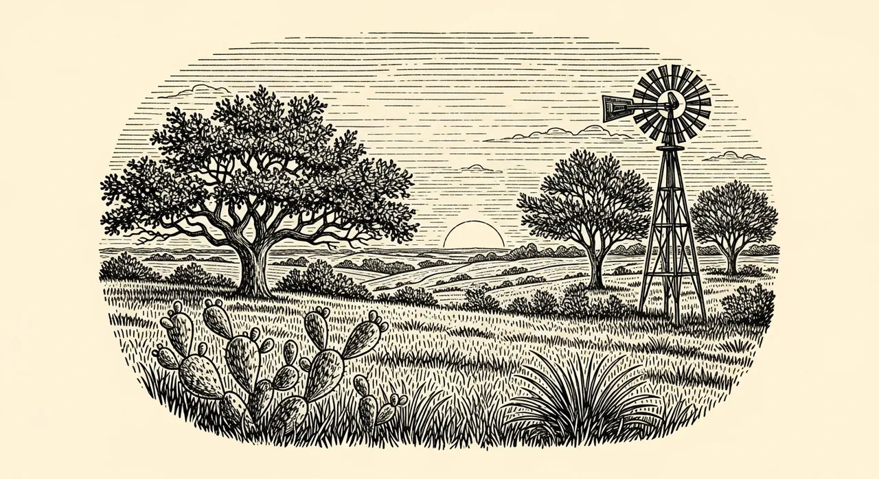Rural landscape with trees, windmill, cactus, and sunset in detailed line art style.