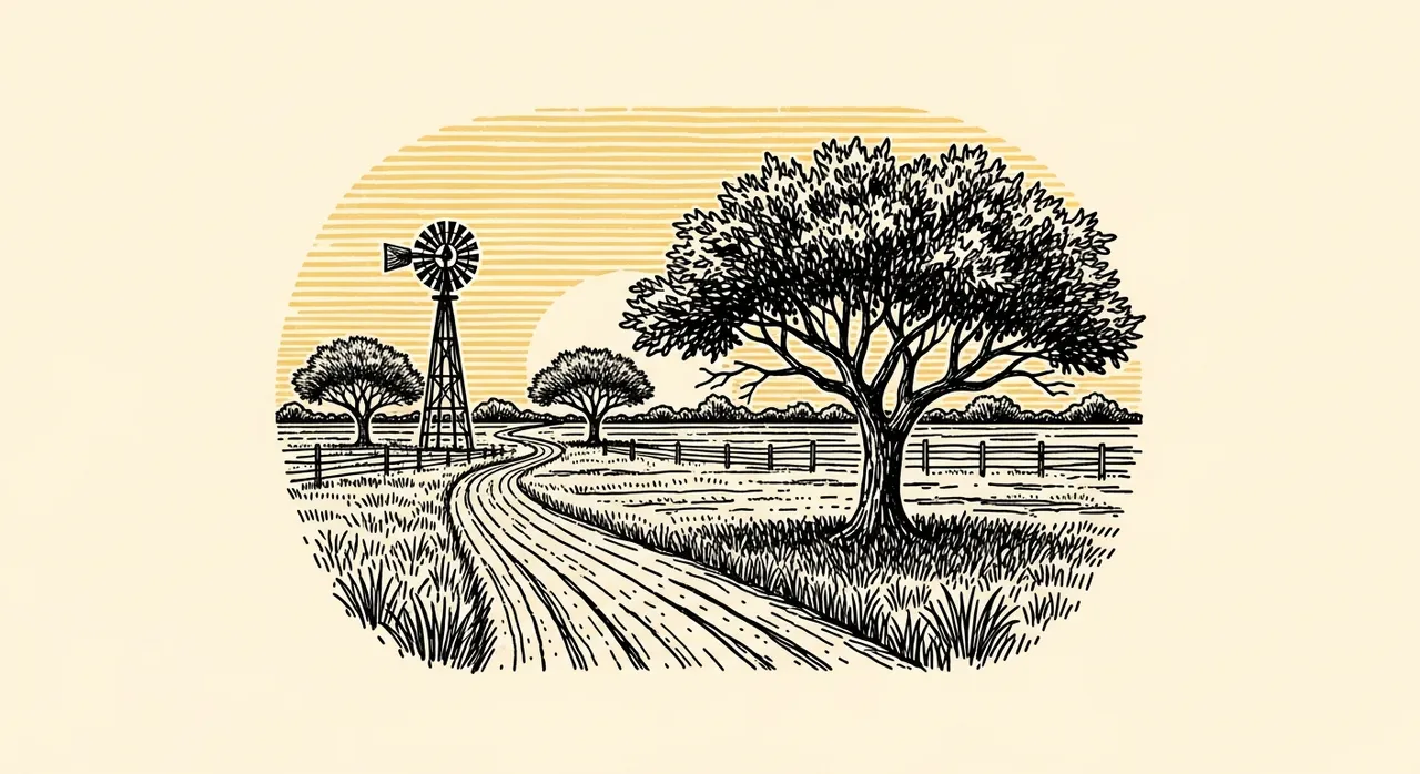 Scenic rural landscape with trees, windmill, dirt road, and sunset.