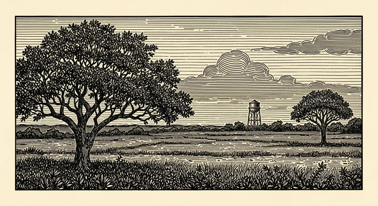Landscape with two trees, a water tower, and clouds.