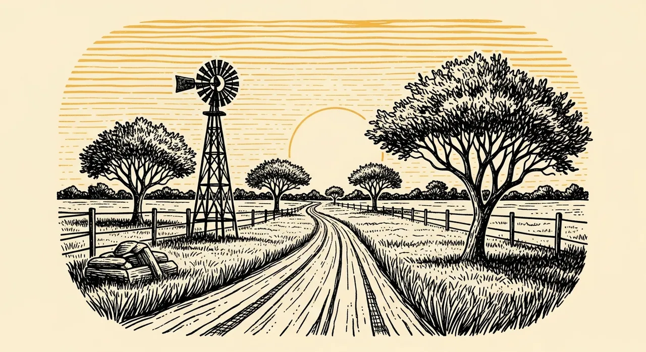 Dirt road with trees and a windmill under a setting sun.