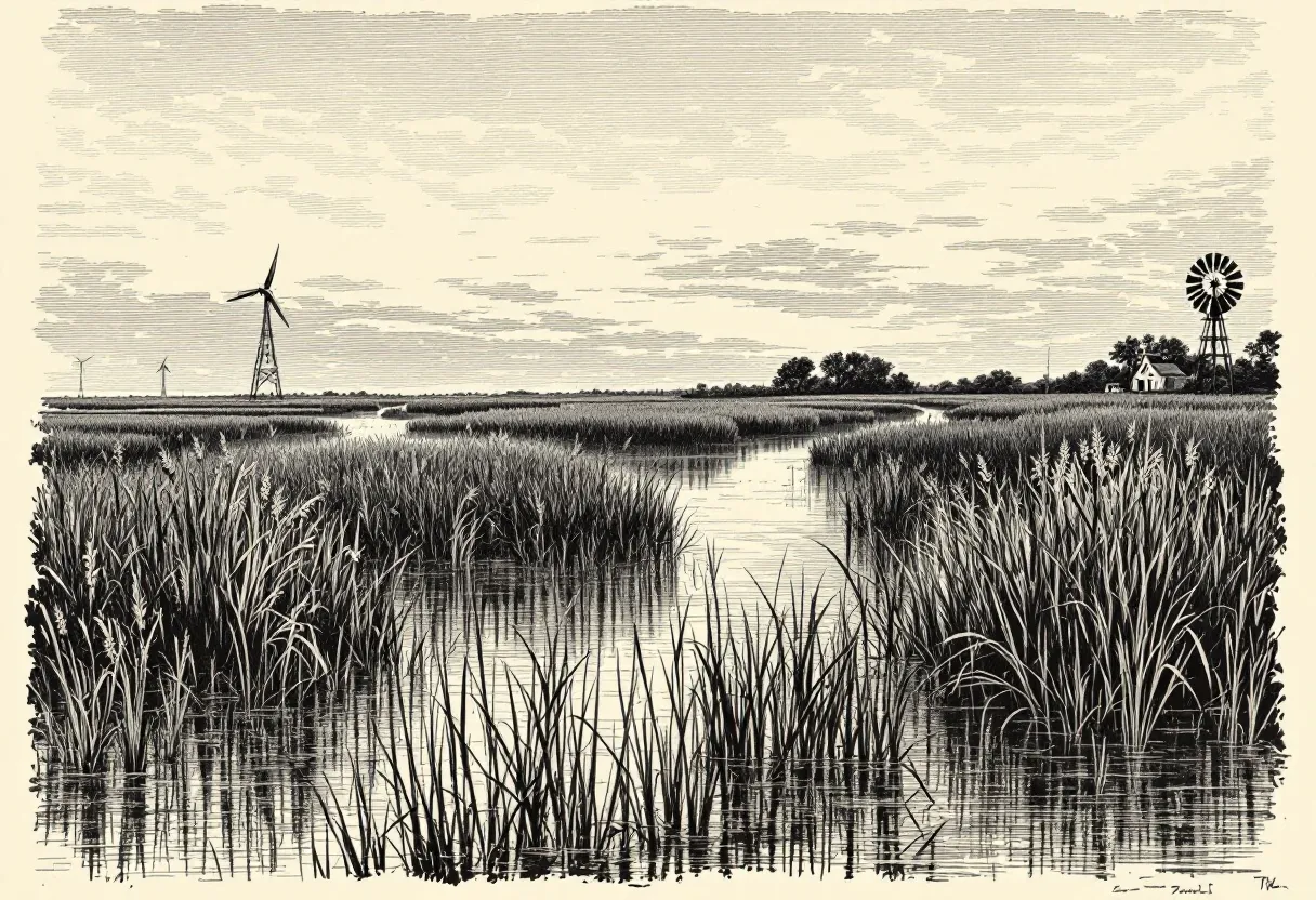 Landscape with river, wind turbines, reeds, farmhouse, and cloudy sky.