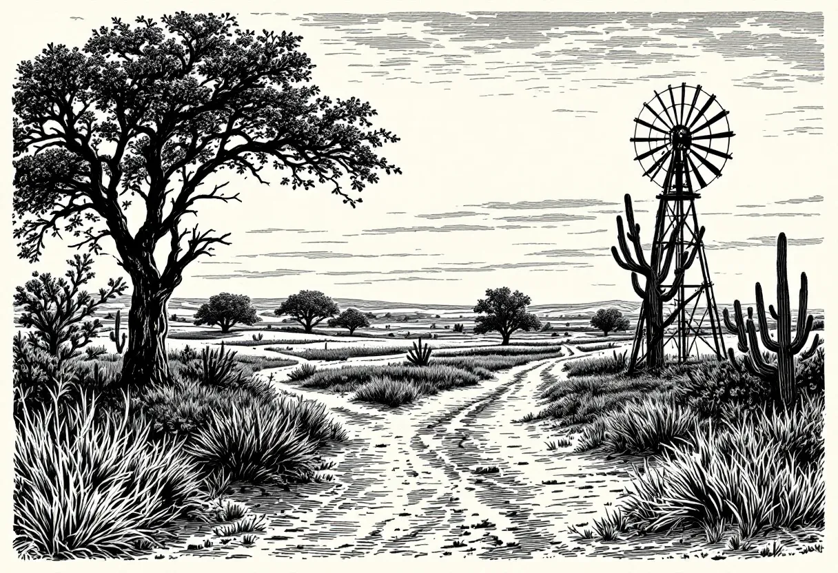 Rural landscape with trees, winding path, windmill, and cacti under a cloudy sky.
