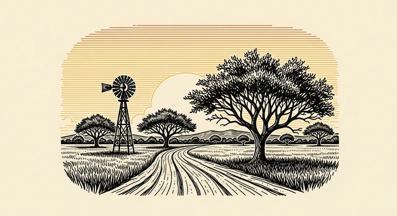 Rural landscape with a road, trees, and a windmill under a striped sky.