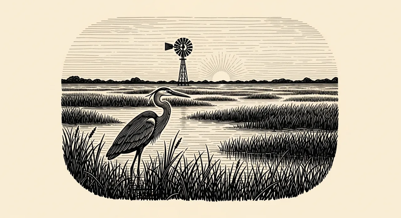 Heron stands in marshland with windmill and sunrise in the background.