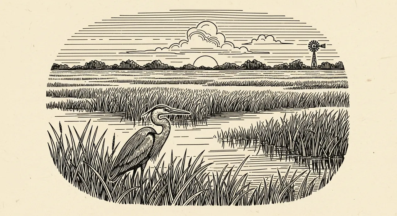 A heron stands in tall grass by a marsh at sunset.